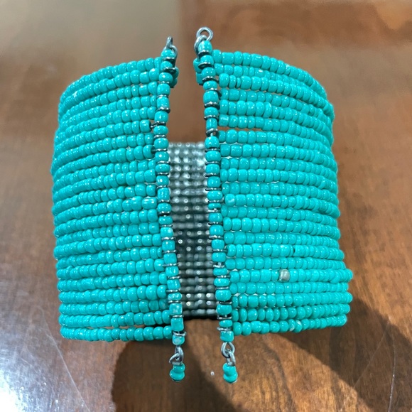 Turquoise and Silver Beaded Wide Bracelet Cuff - Picture 2 of 5